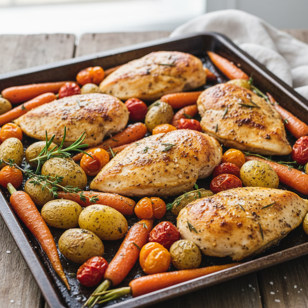 Sheet Pan Chicken Breast with Roasted Carrots, Potatoes, and Cherry Tomatoes