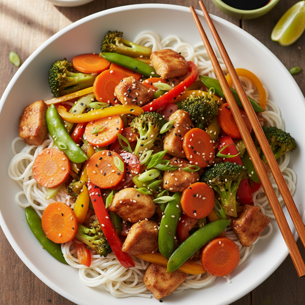 Chicken and Vegetable Stir-fry with Sliced Carrots and Rice Noodles