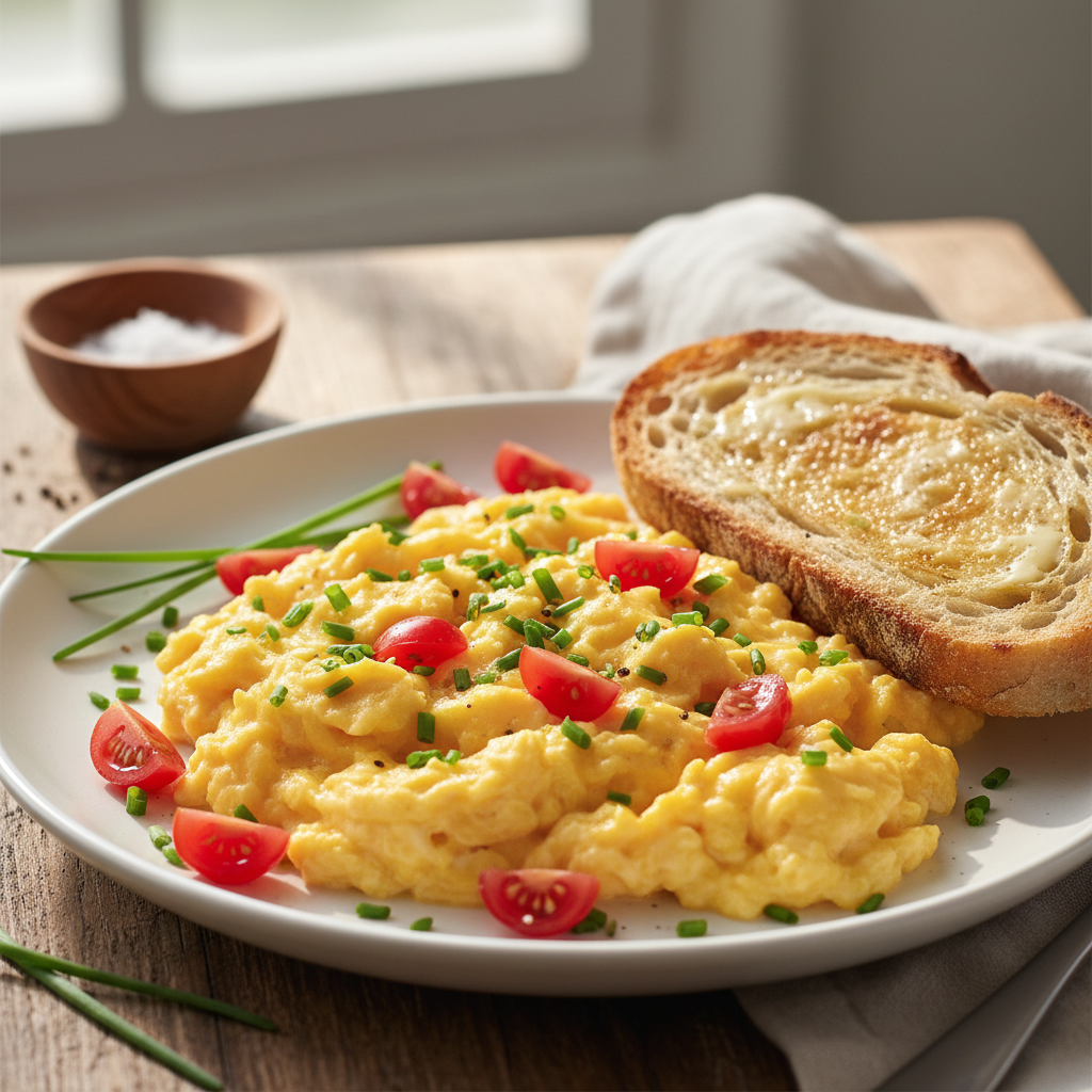 Quick Scrambled Eggs with Diced Tomatoes and Chives