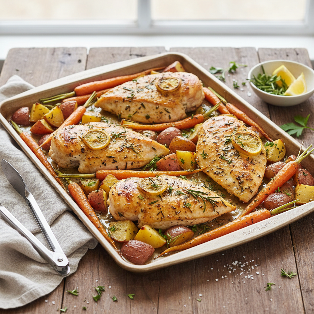 Sheet Pan Lemon Herb Chicken Breast with Roasted Carrots and Potatoes