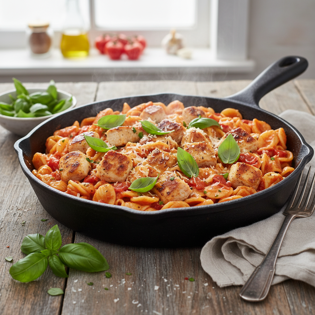 Skillet Chicken and Tomato Pasta with Fresh Basil