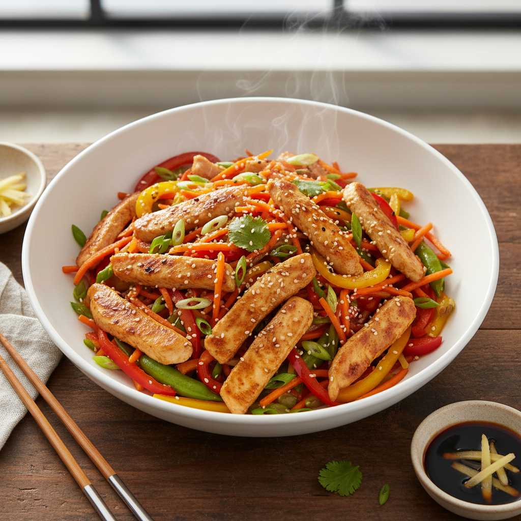 Chicken Breast Stir-Fry with Shredded Carrots and Bell Peppers