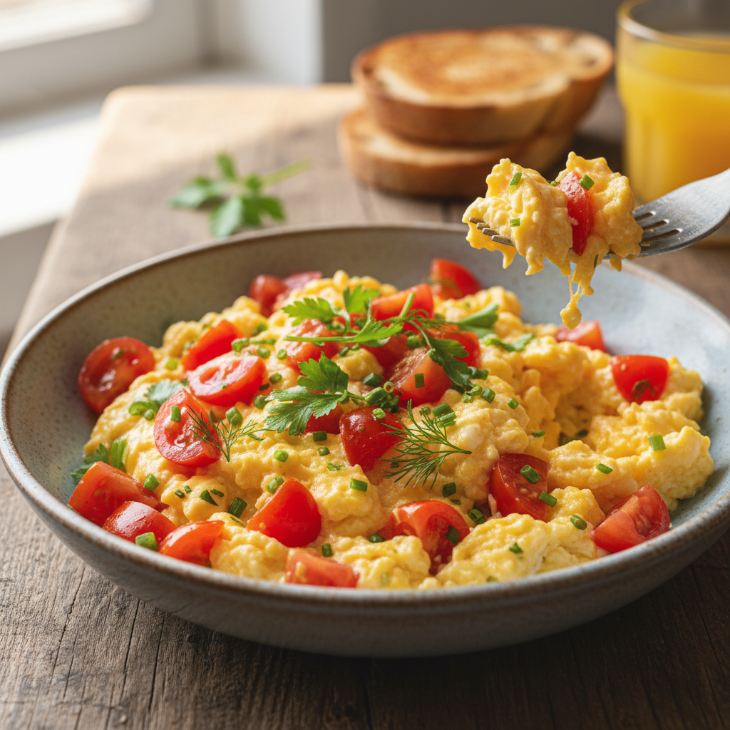 Quick Scrambled Eggs with Diced Tomatoes and Herbs