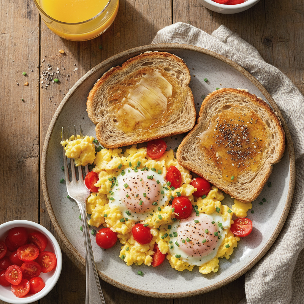 Quick Scrambled Eggs with Diced Tomatoes and Whole Wheat Toast