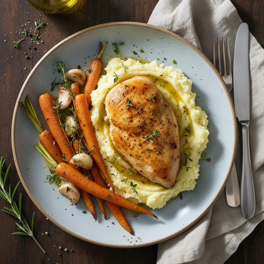 Baked Chicken Breast with Roasted Carrots and Garlic Mashed Potatoes