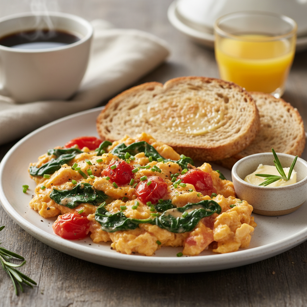 Creamy Tomato and Spinach Scrambled Eggs with Whole Wheat Toast
