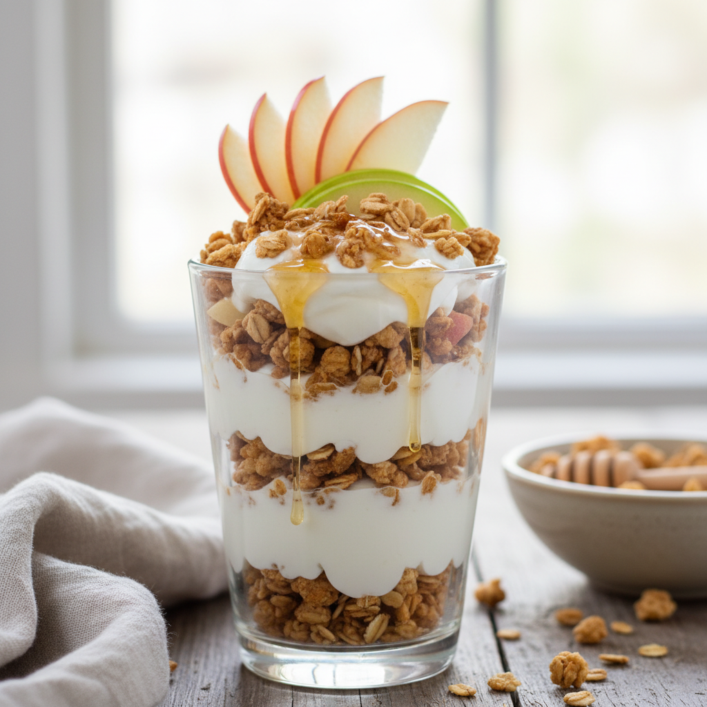 Yogurt Parfait with Granola, Honey, and Sliced Apples