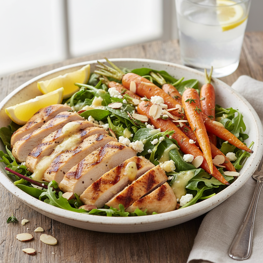 Grilled Chicken Breast Salad with Roasted Carrots and Lemon Vinaigrette