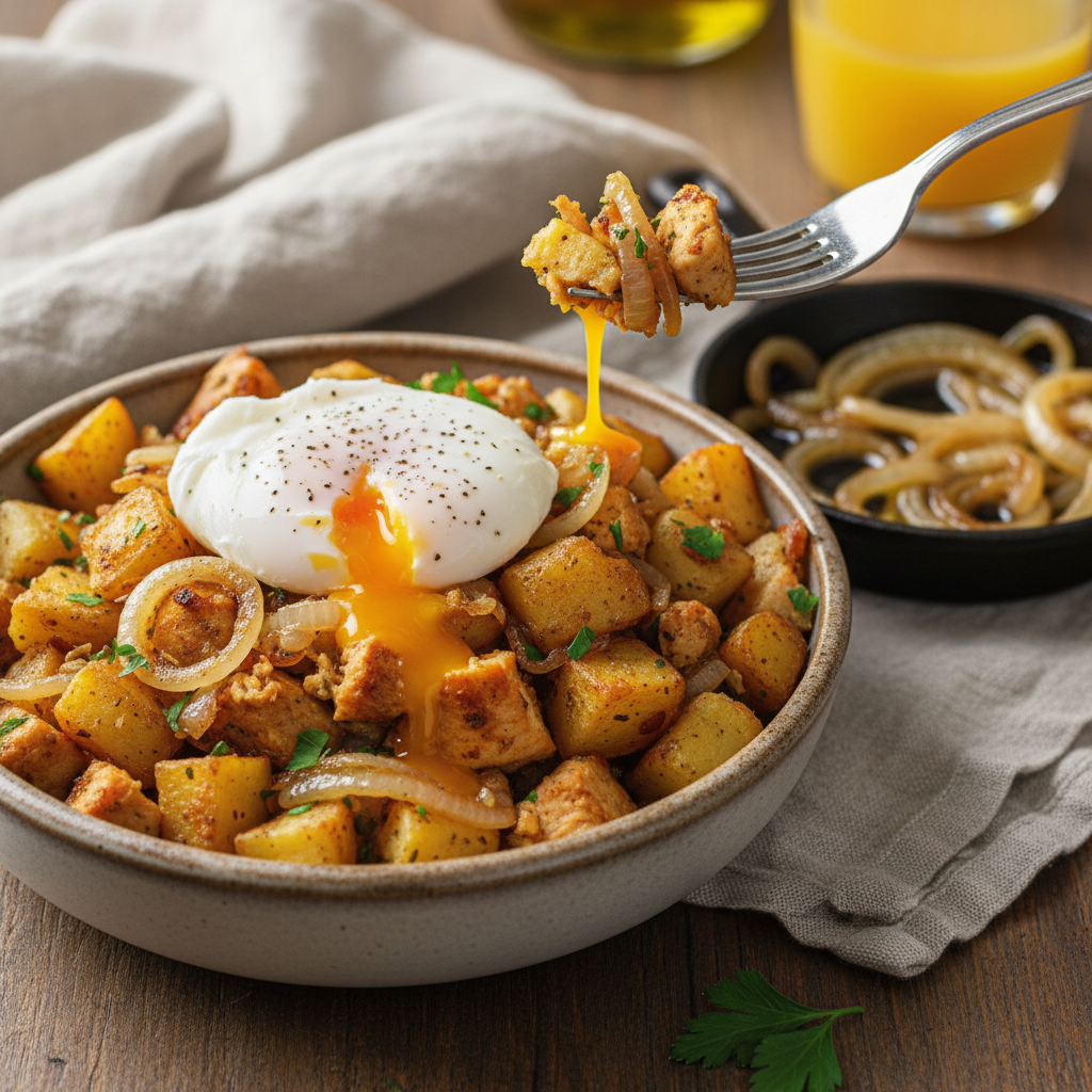 Leftover Chicken and Potato Hash Bowl with Sautéed Onions