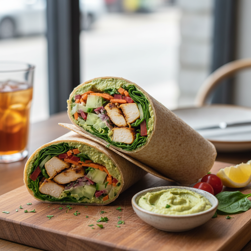 Chicken and Veggie Wrap with Hummus and Spinach