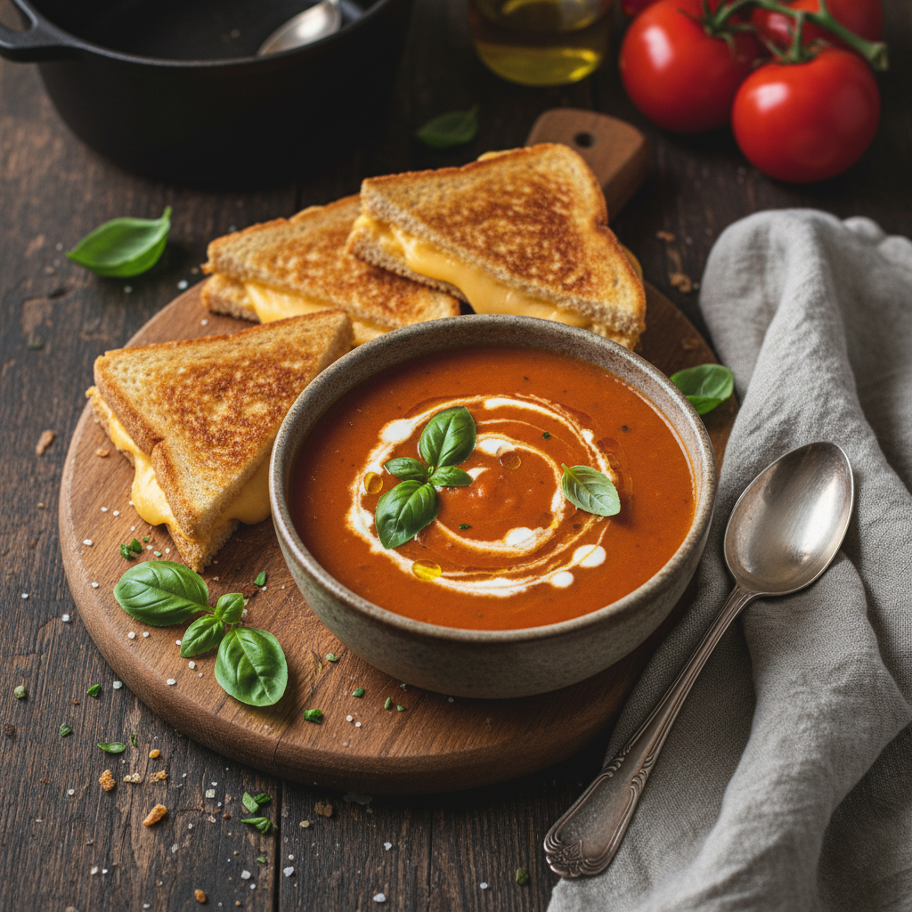Creamy Tomato Soup with Basil and Mini Grilled Cheese
