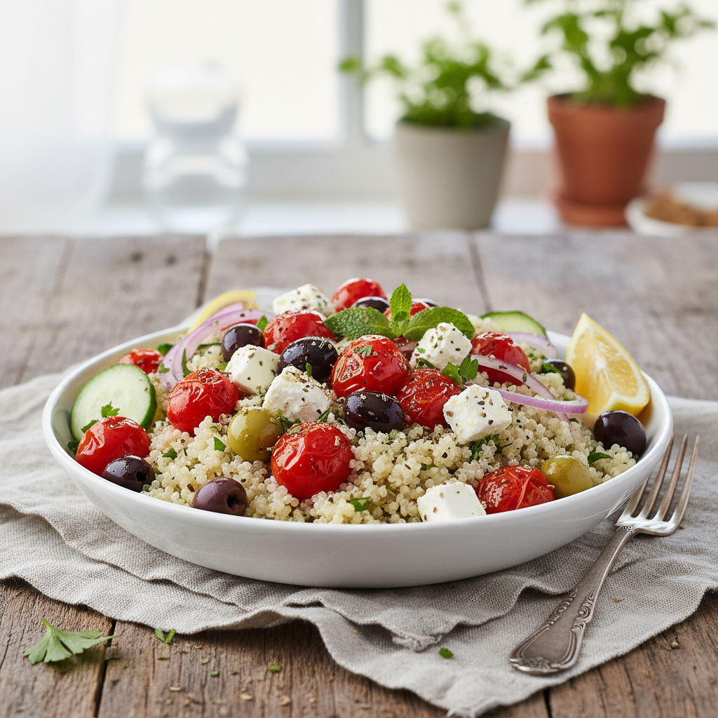 Mediterranean Quinoa Bowl with Roasted Tomatoes, Feta, and Olives