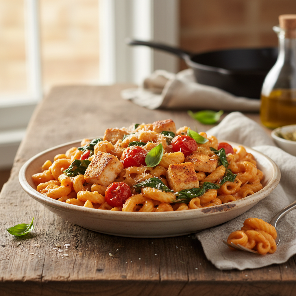 Creamy Tomato and Spinach Pasta with Sautéed Chicken