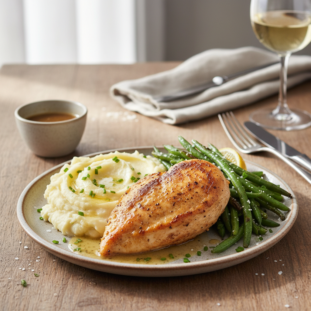Crispy Pan-Seared Chicken Breast with Mashed Potatoes and Roasted Green Beans