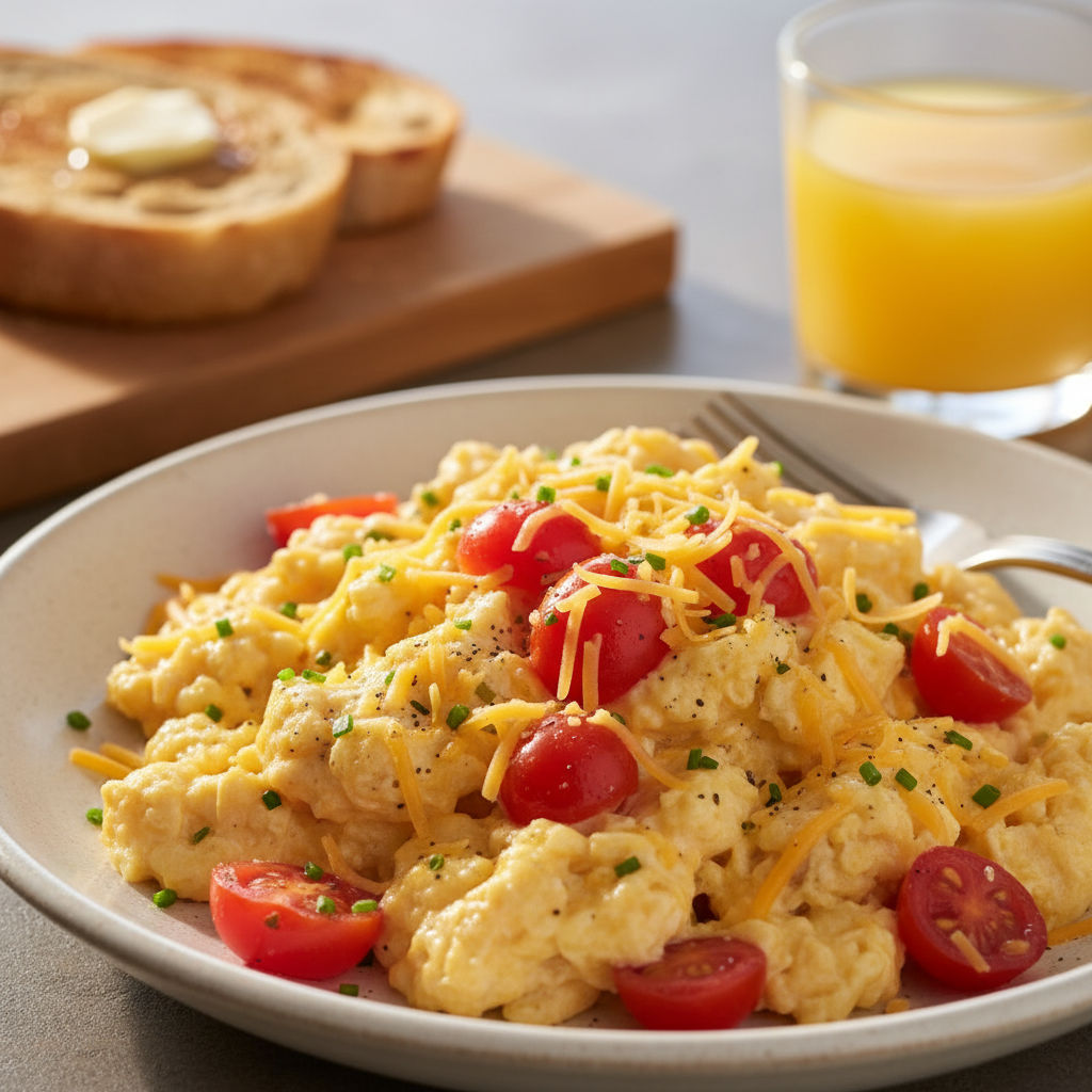 Scrambled Eggs with Diced Tomatoes and Cheddar