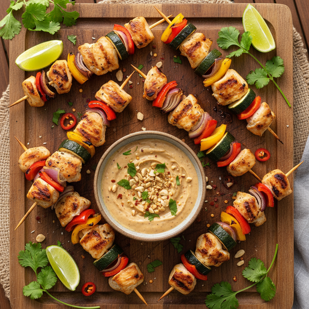 Chicken Breast and Veggie Skewers with Peanut Dip
