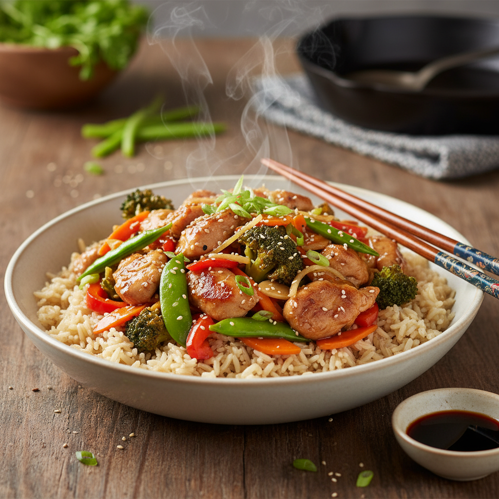 Quick Chicken and Vegetable Stir-fry with Brown Rice