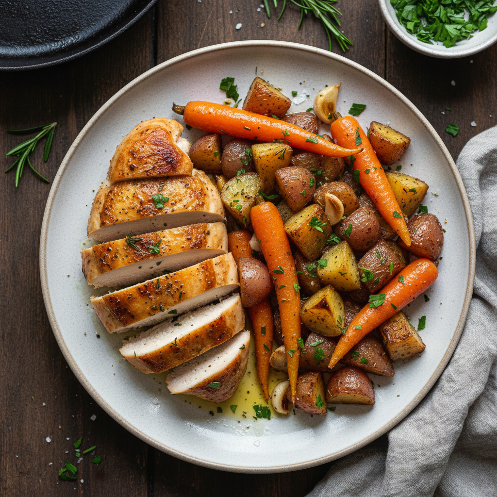 Roasted Chicken Breast with Herb-Roasted Potatoes and Carrots