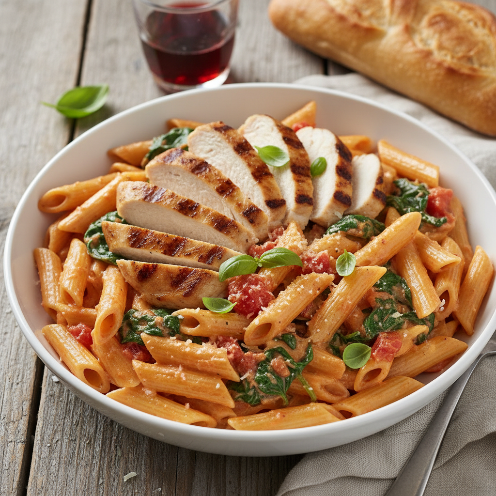Creamy Tomato and Spinach Pasta with Grilled Chicken