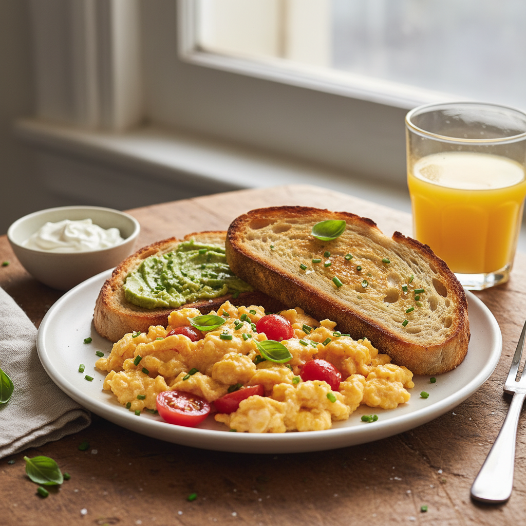 Quick Scrambled Eggs with Tomato and Toast
