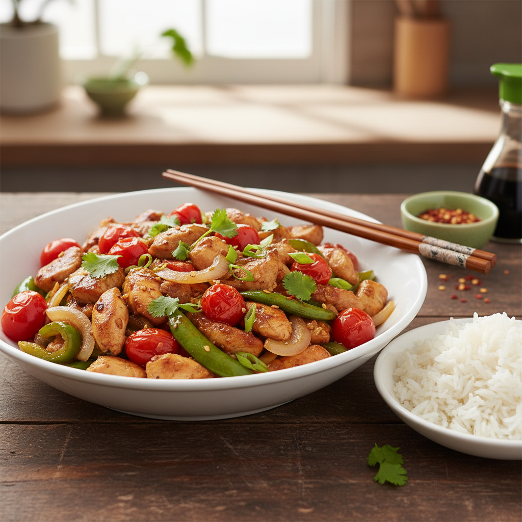 Chicken Stir-fry with Fresh Tomatoes and Rice