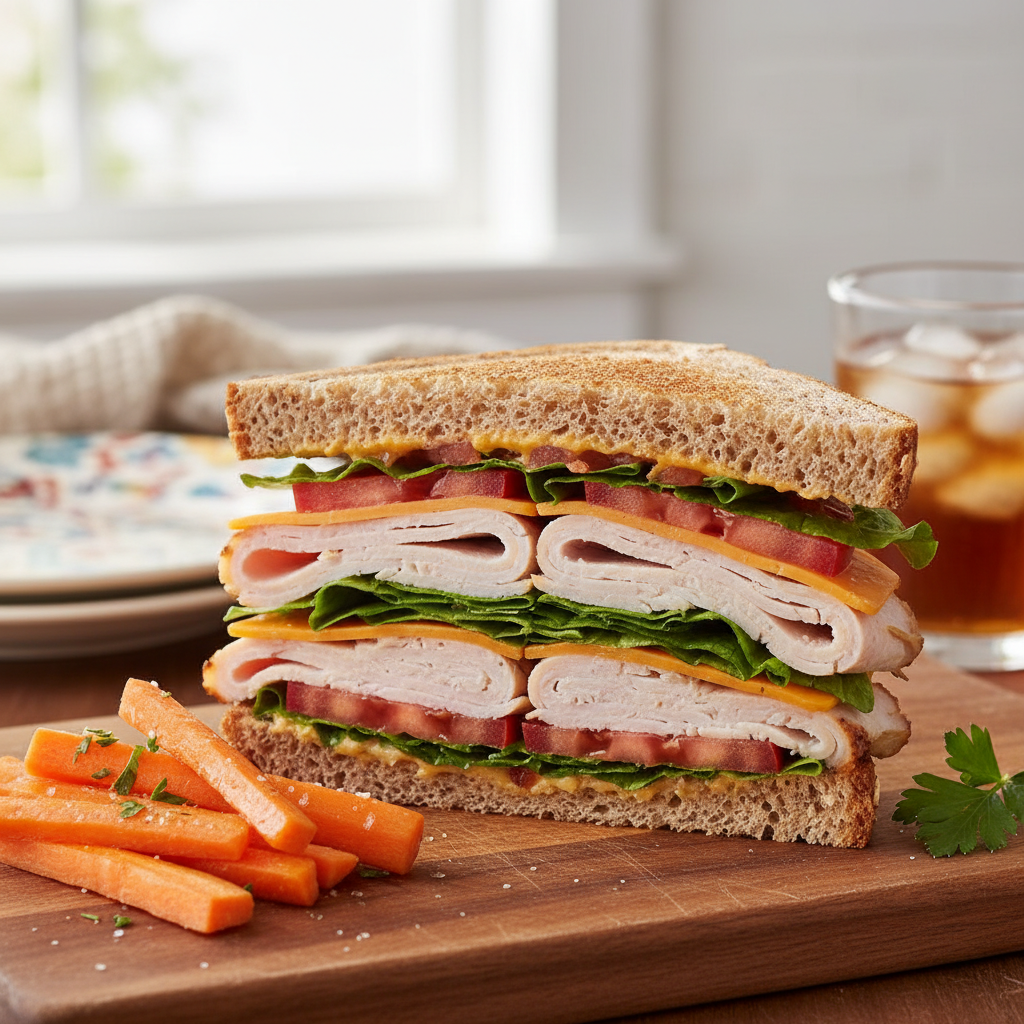 Turkey and Cheese Sandwich on Whole Wheat with Carrot Sticks