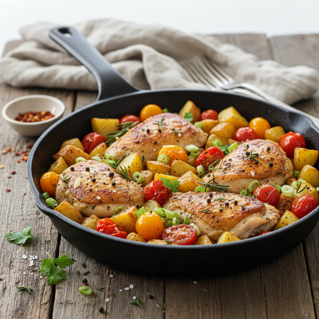 Skillet Chicken and Diced Potato Hash with Tomatoes