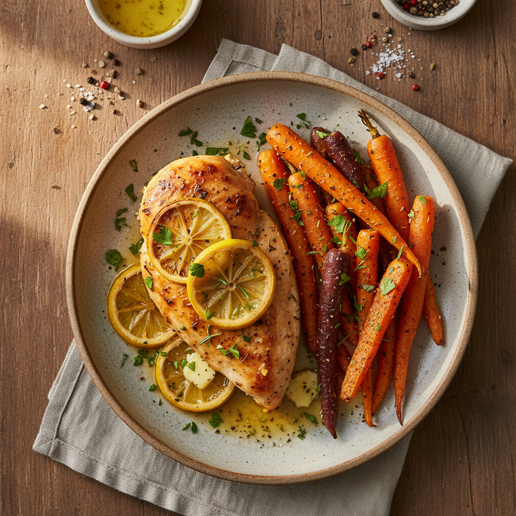 Lemon Herb Baked Chicken Breast with Roasted Carrots