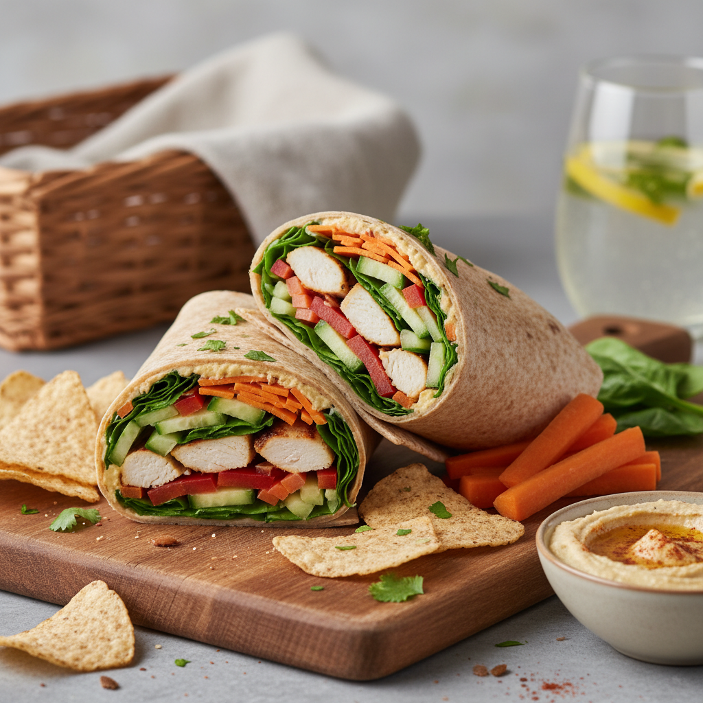 Chicken and Veggie Wrap with Carrots and Hummus