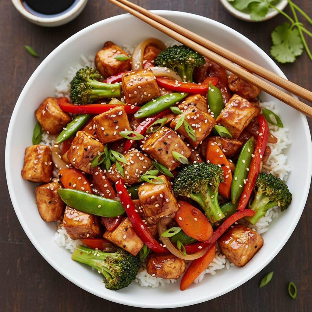 Chicken Stir-Fry with Fresh Vegetables and Rice