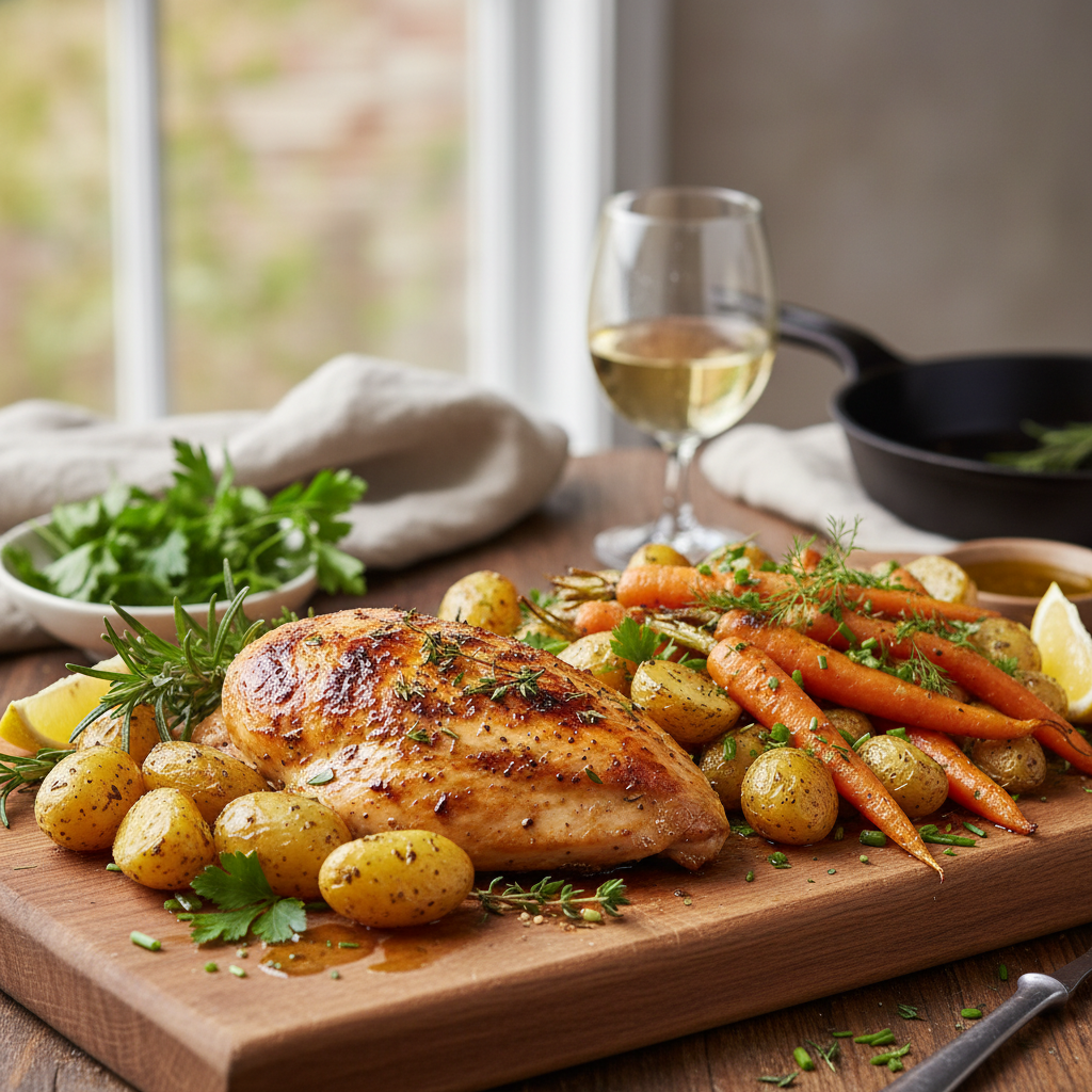 Roasted Chicken Breast with Herb Potatoes and Carrots