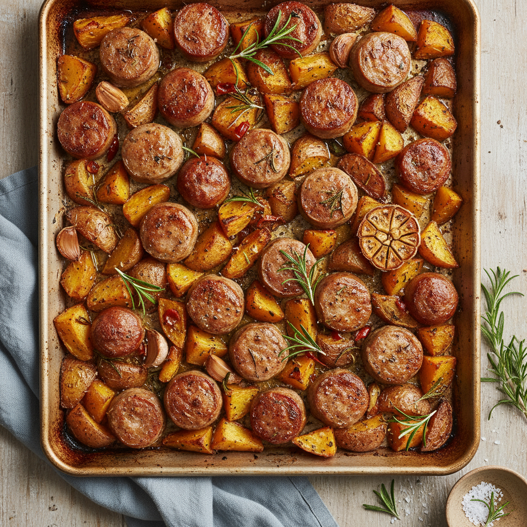 Sheet Pan Sausage and Potato Bake with Rosemary