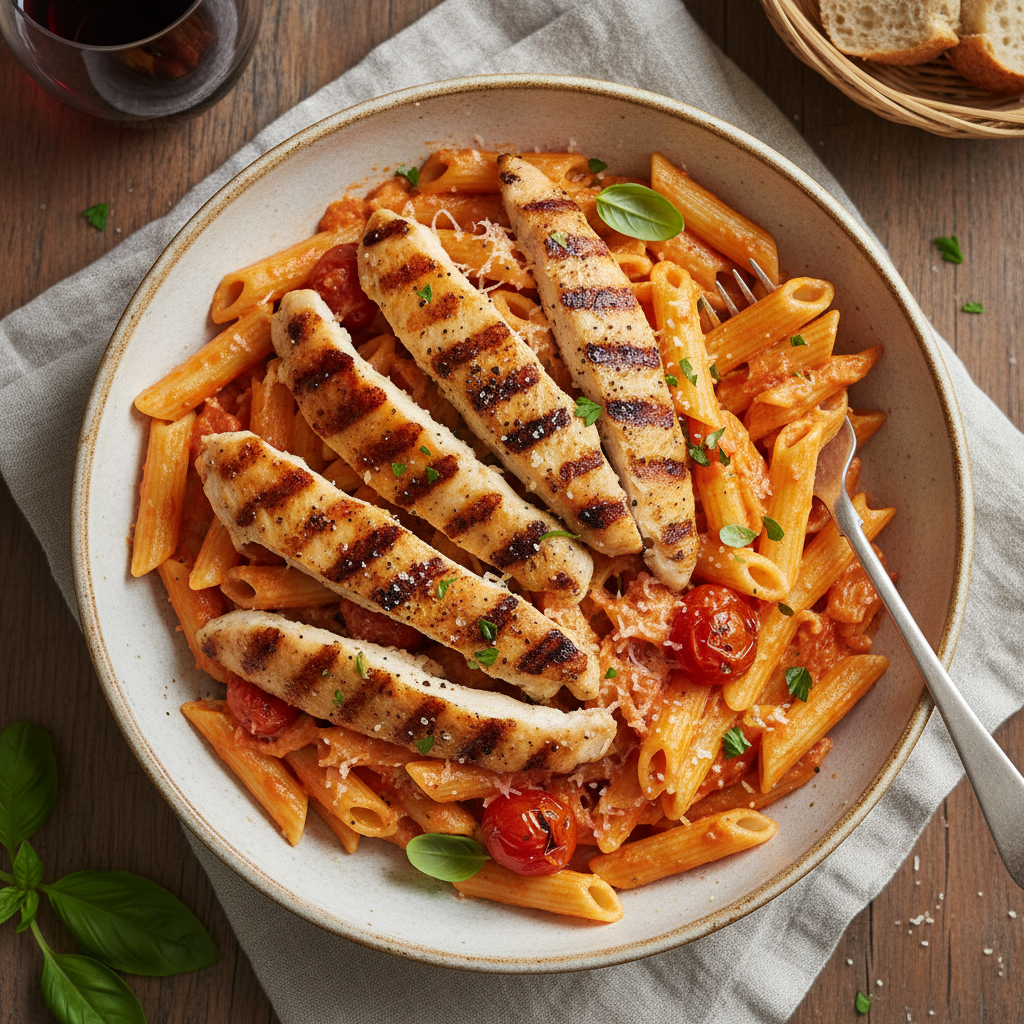 Creamy Tomato Pasta with Grilled Chicken Strips