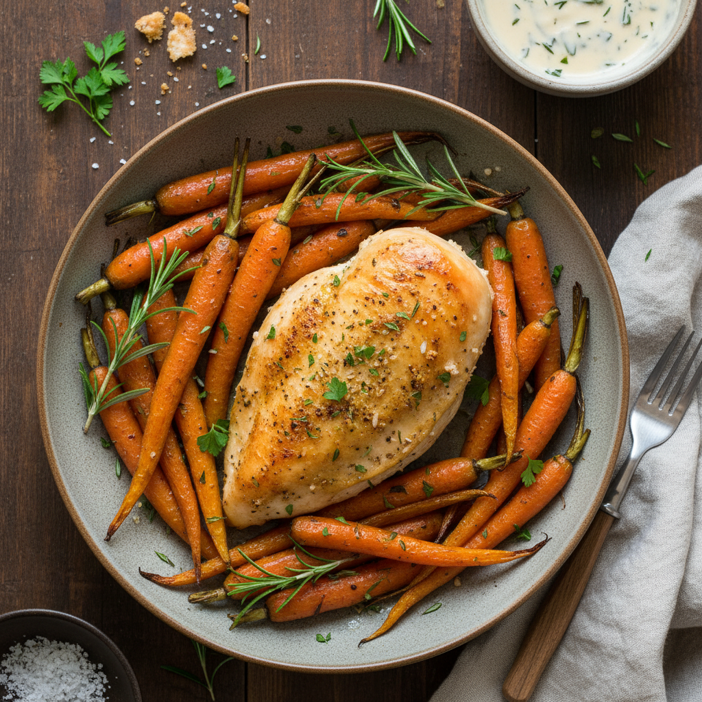Baked Chicken Breast with Roasted Carrots and Herbs