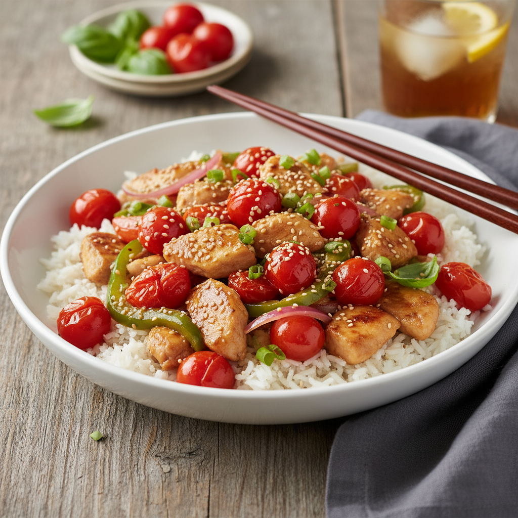 Simple Chicken Stir-fry with Tomatoes and Rice
