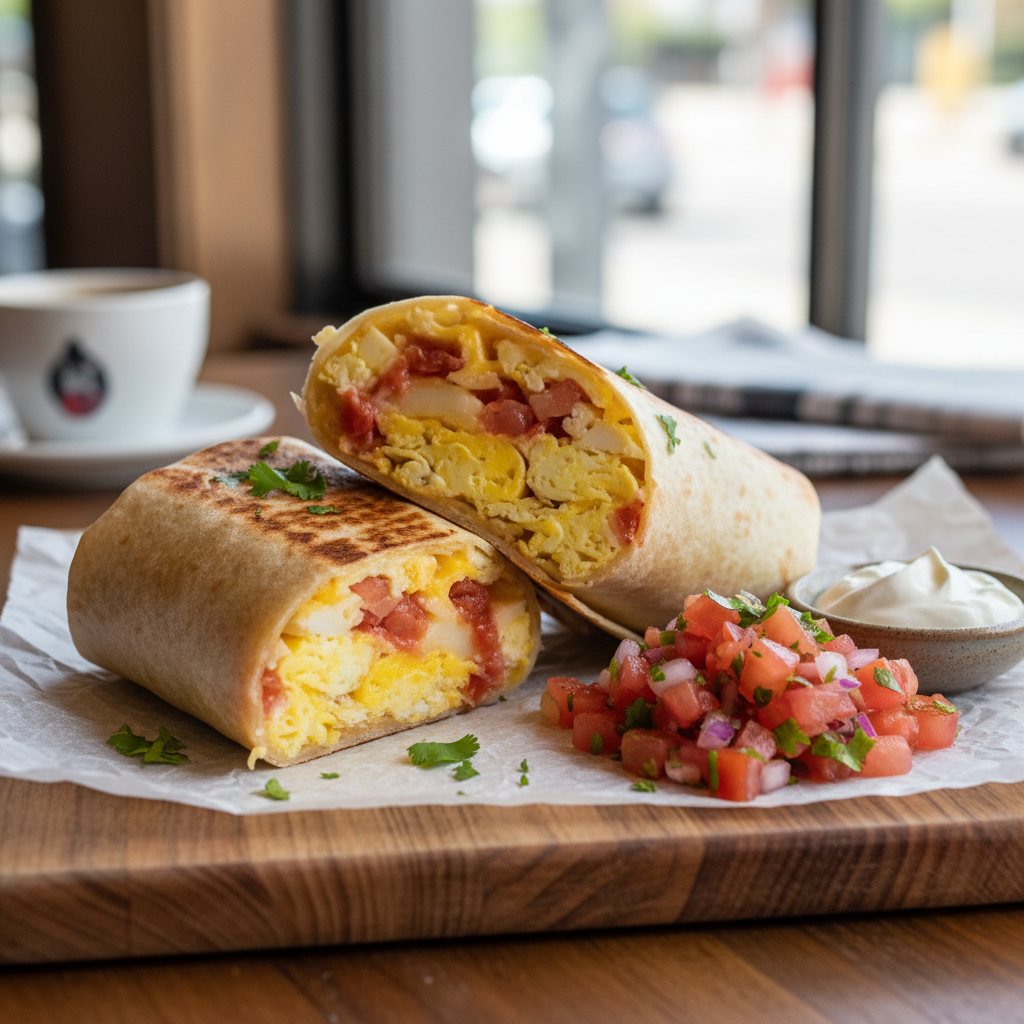 Breakfast Burrito with Scrambled Eggs, Cheese, and Salsa