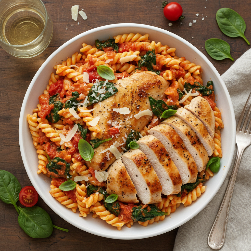Creamy Tomato and Spinach Pasta with Pan-Seared Chicken Breast