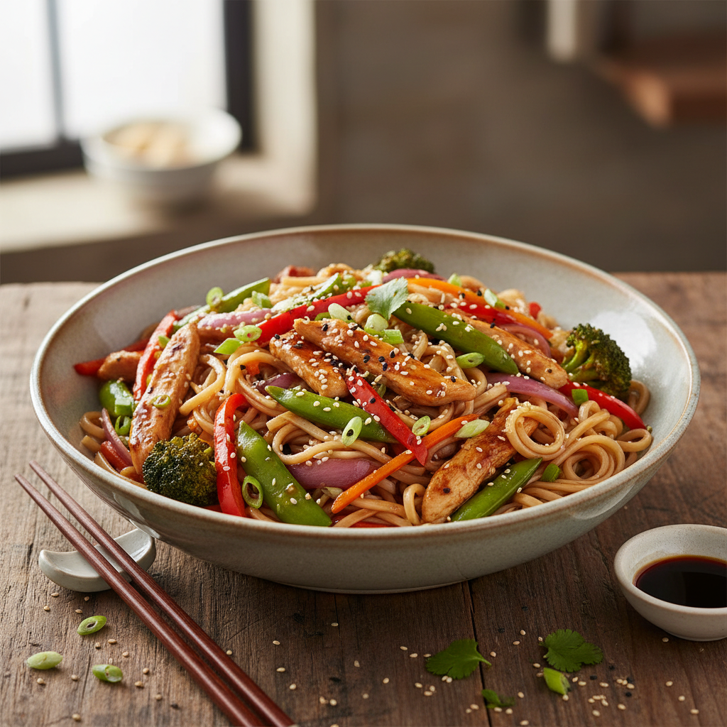 Chicken and Vegetable Stir-Fry with Rice Noodles