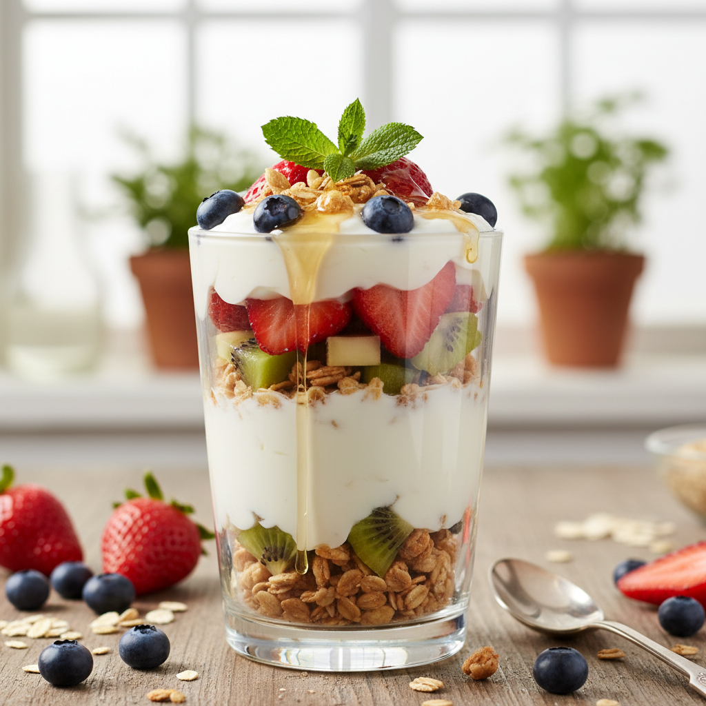 Greek Yogurt Parfait with Granola and Sliced Fruit