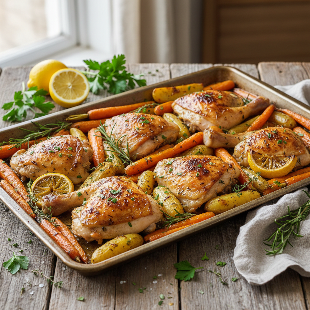 Sheet Pan Lemon Herb Chicken with Roasted Carrots and Potatoes