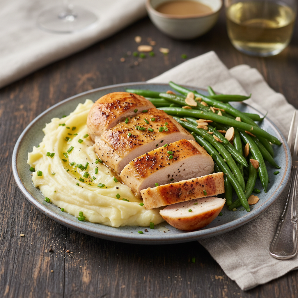 Baked Chicken Breast with Garlic Mashed Potatoes and Green Beans