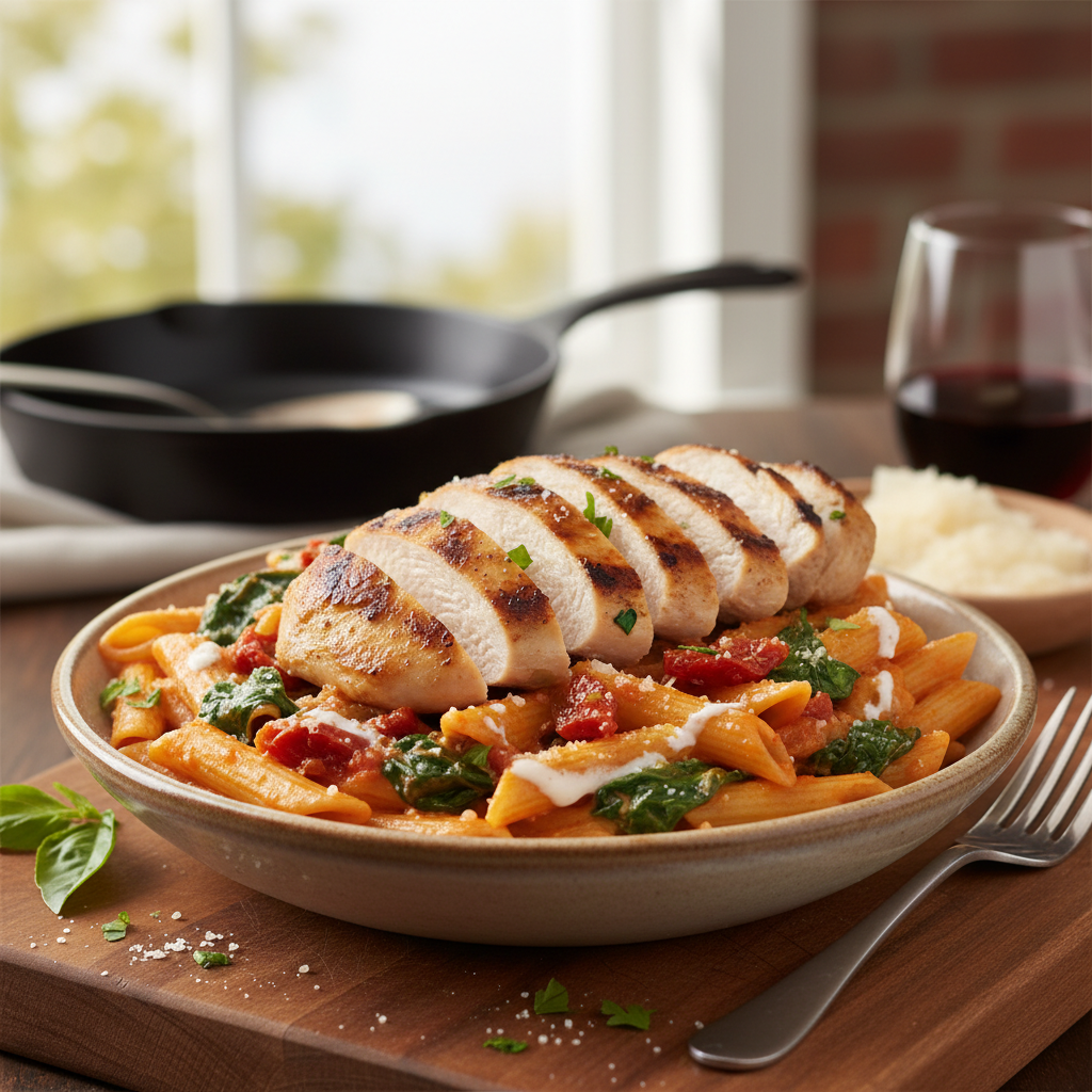 Creamy Tomato and Spinach Pasta with Grilled Chicken Breast