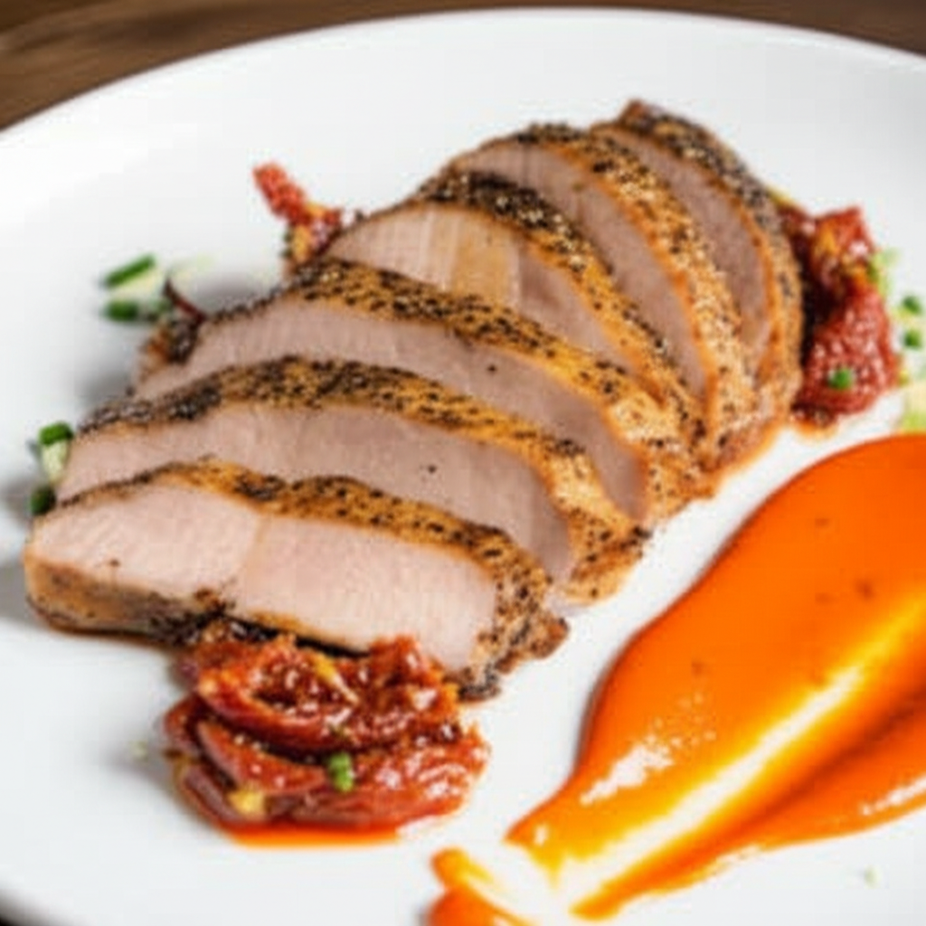 Pan Seared Pork with Sun Kissed Tomato Essence