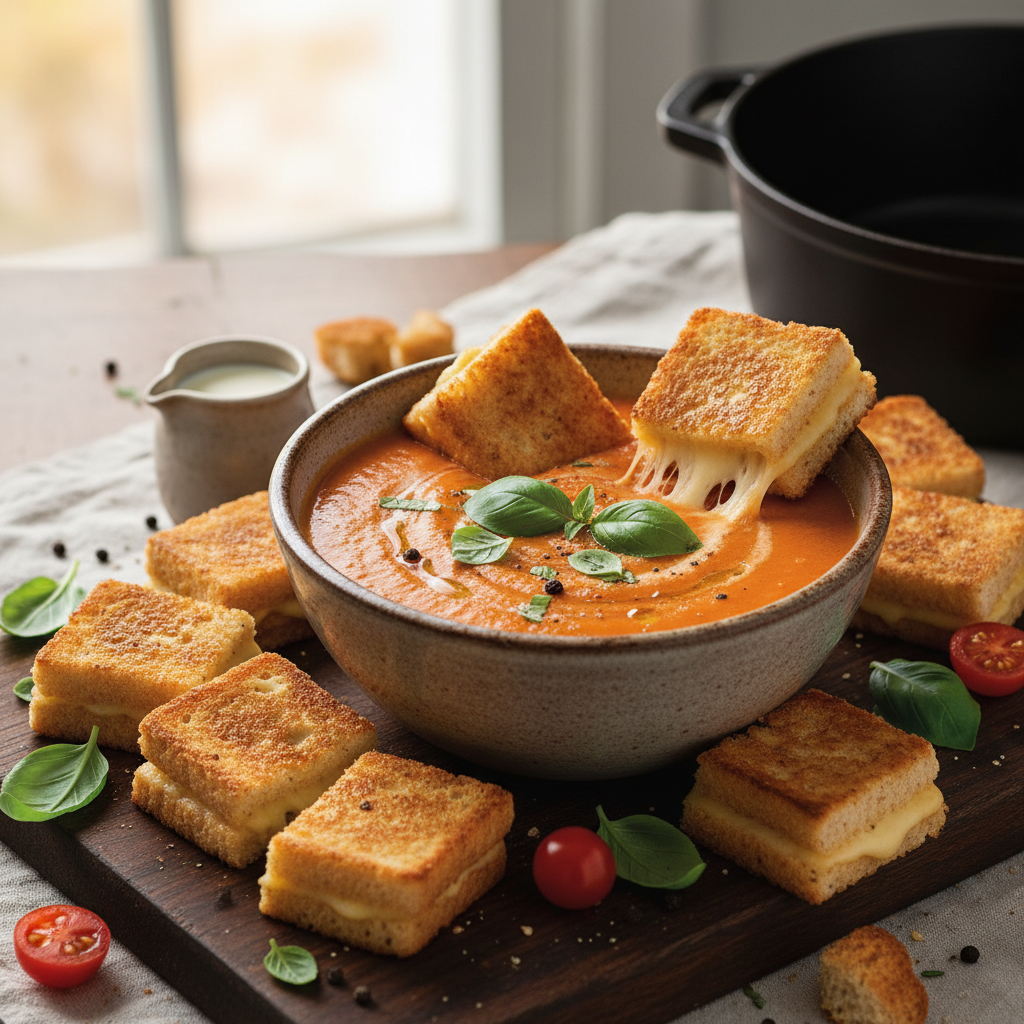 Tomato Basil Soup with Mini Grilled Cheese Dippers