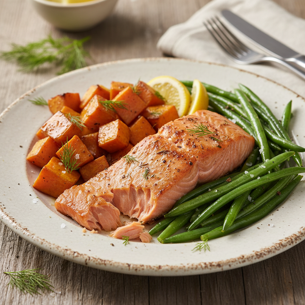Baked Salmon with Roasted Sweet Potatoes and Green Beans