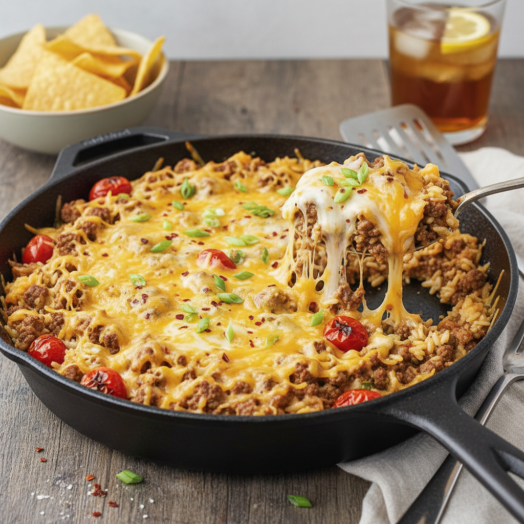 Cheesy Ground Beef and Rice Skillet