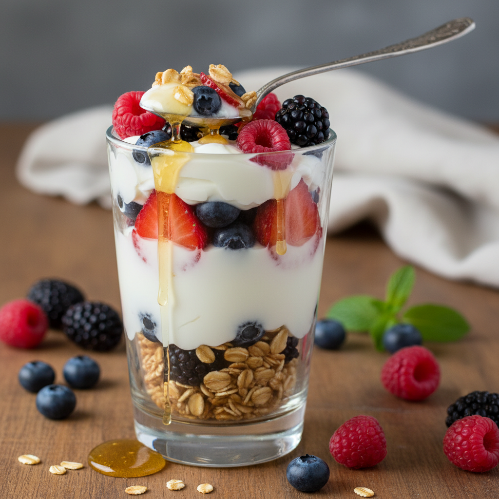 Yogurt Parfait with Honey, Mixed Berries, and Oats