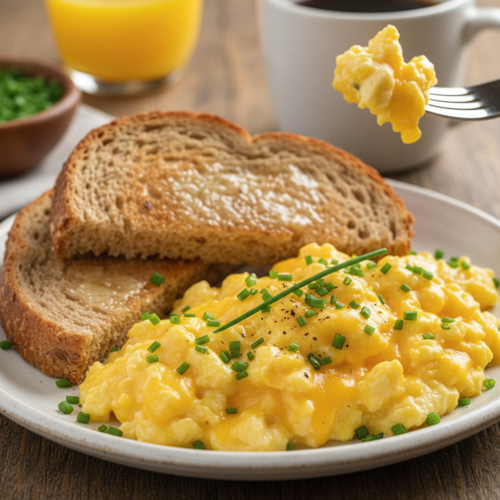 Cheesy Scrambled Eggs with Chives and Whole Wheat Toast