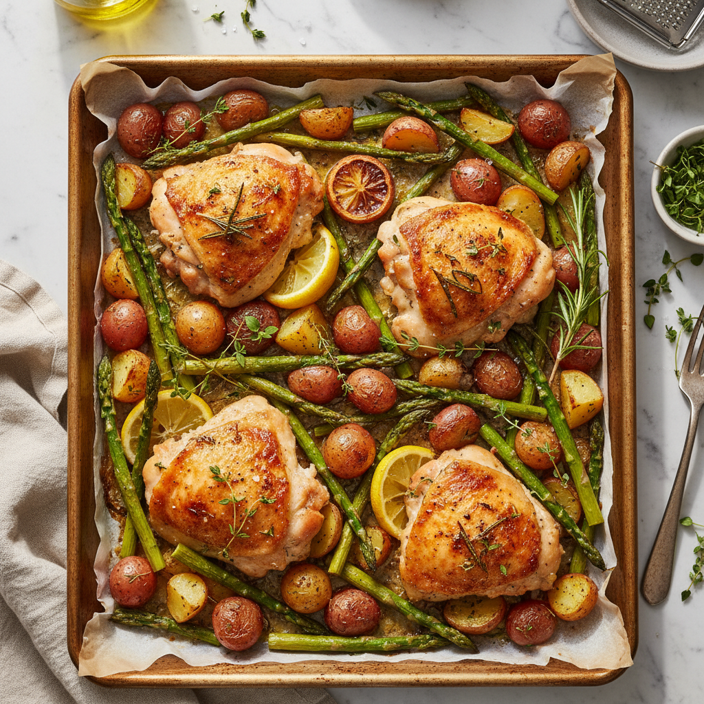 One-Pan Lemon Herb Roasted Chicken Thighs with Asparagus and Potatoes