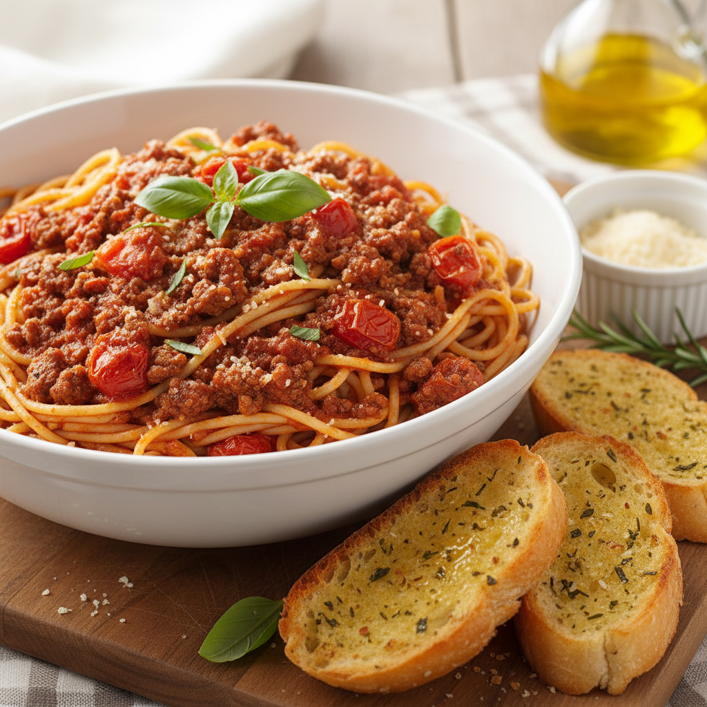 Simple Spaghetti with Meat Sauce and Garlic Bread
